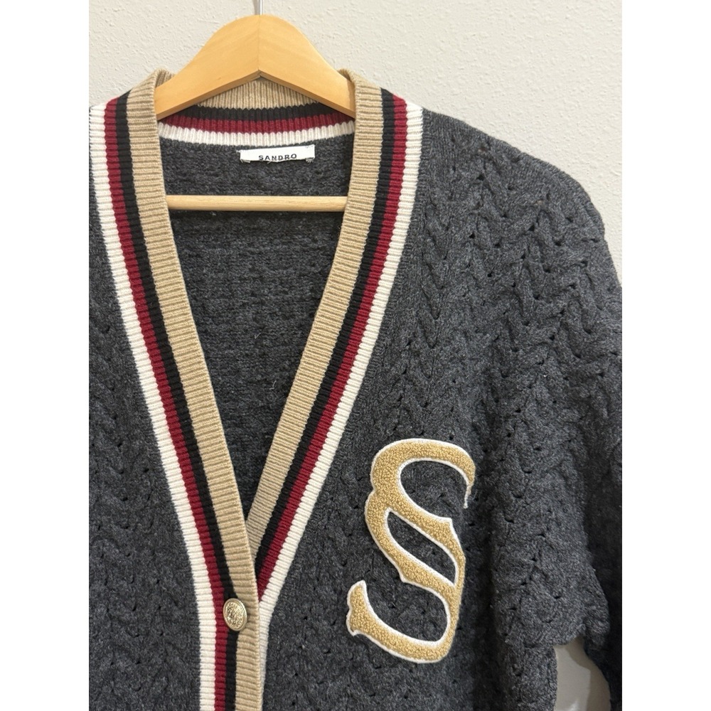 Sandro Paris Cardigan Wool Cable Knit Varsity Size 2, US Medium Monogram S - Picture 3 of 15